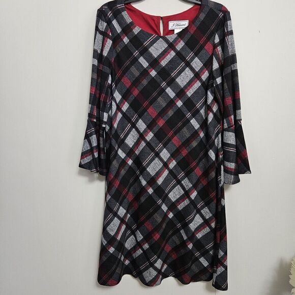 J Howard Plaid Dress Black/Gray/Red Sz Large Long Bell Sleeve A Frame Lined EUC - Picture 1 of 6